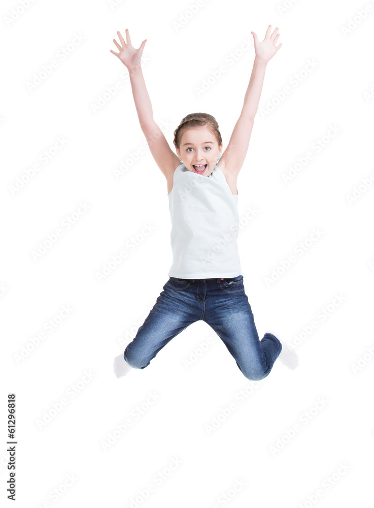 Happy little girl jumping.