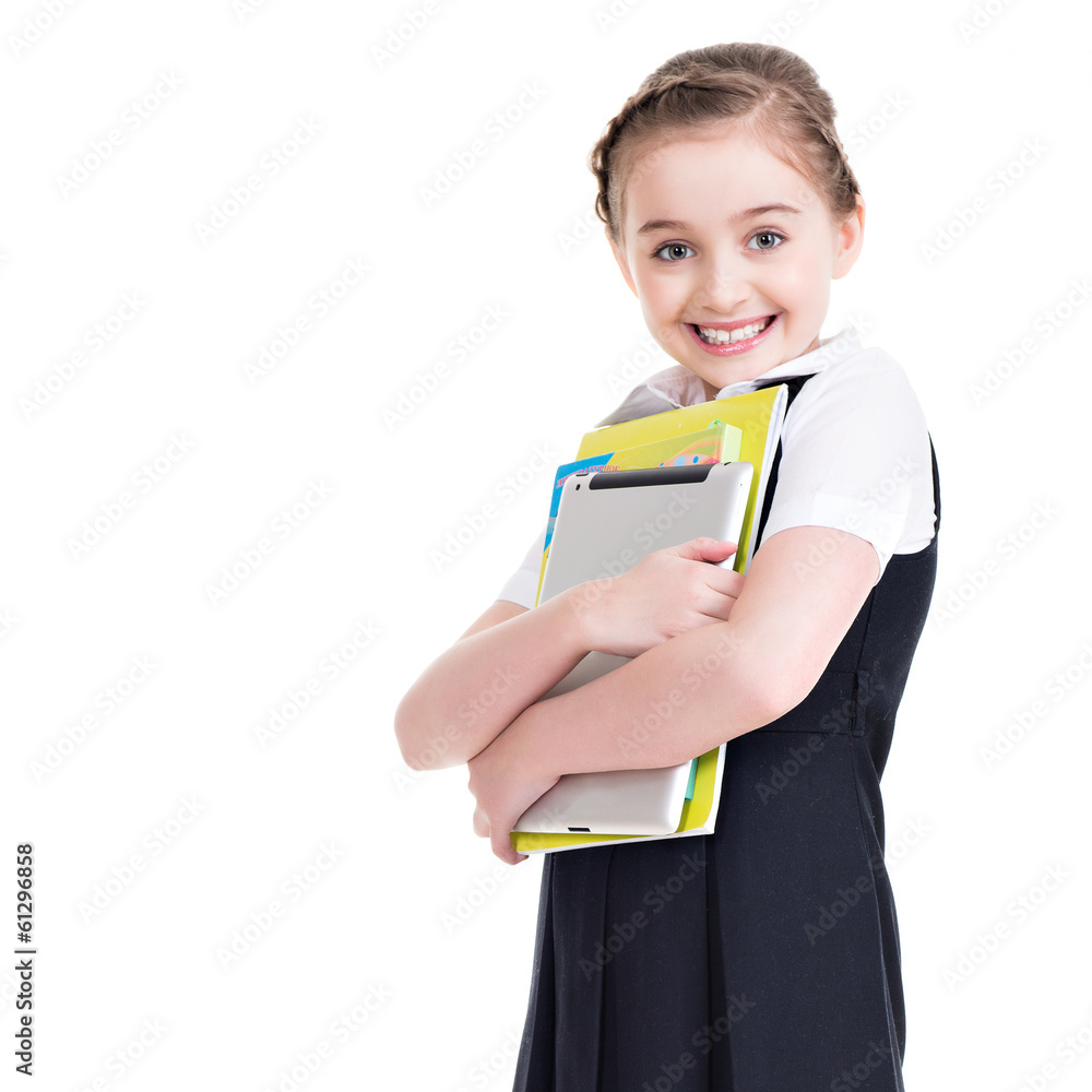 Portrait of a cute little girl standing with tablet. Portrait of a cute little girl standing with tablet.