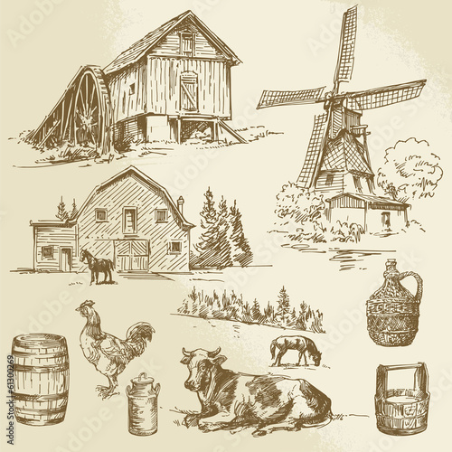 Fotografia rural landscape, farm - hand drawn windmill and watermill