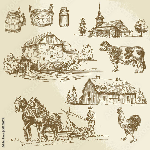 rural landscape, farm, hand drawn watermill