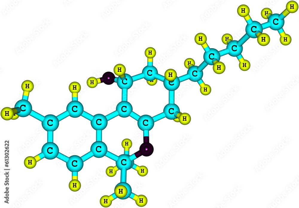 Tetrahydrocannabinol molecular structure on white background Tetrahydrocannabinol molecular structure on white background