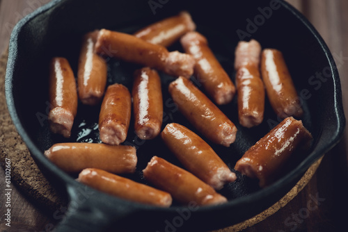 Close-up of fried mini sausages in a pan, horizontal shot