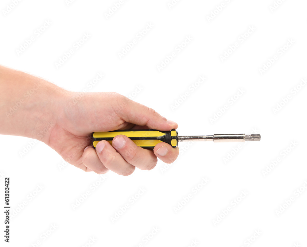 Screwdriver with yellow handle in hands. Screwdriver with yellow handle in hands.