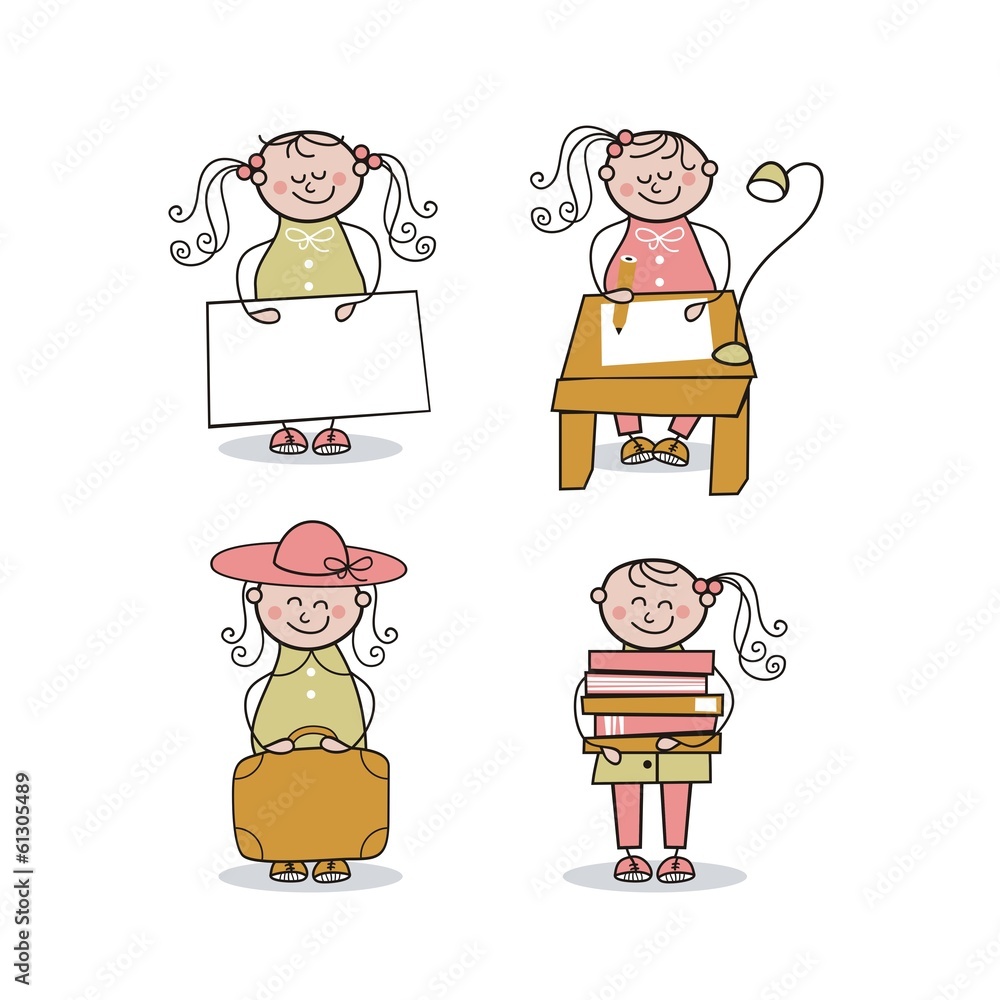 Set with happy little girl in various activities Set with happy little girl in various activities