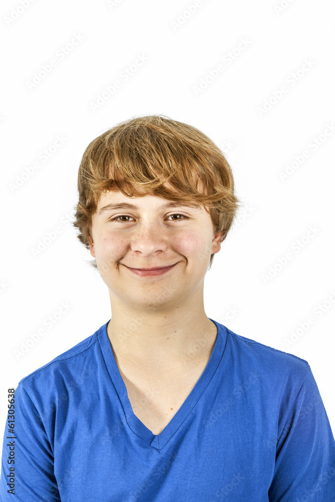 A smiling boy is showing his thumb up; isolated on the white bac A smiling boy is showing his thumb up; isolated on the white bac