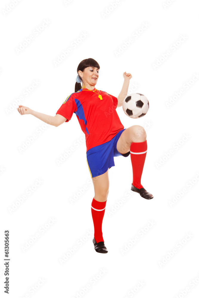 girl with soccer ball isolated on white background
