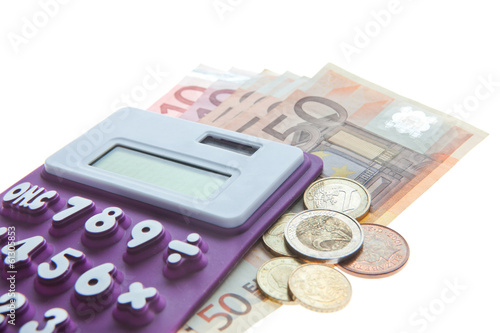 Calculator, Euro Notes And Euro coins isolated on white