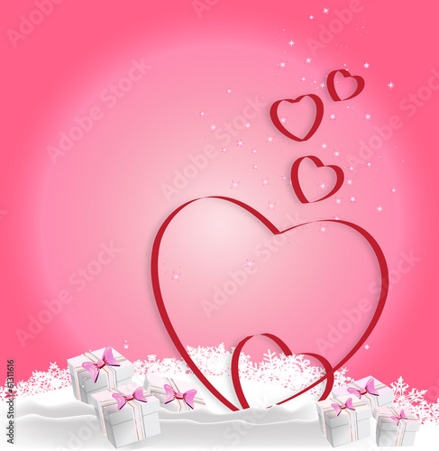 Heart, gifts on a winter background