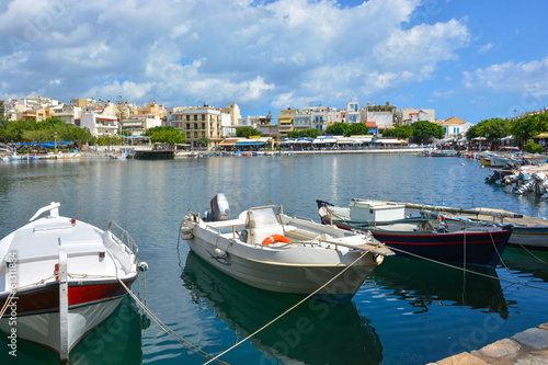 Boats at Vulismeni lake in Agios Nikolaos, Greece, Crete