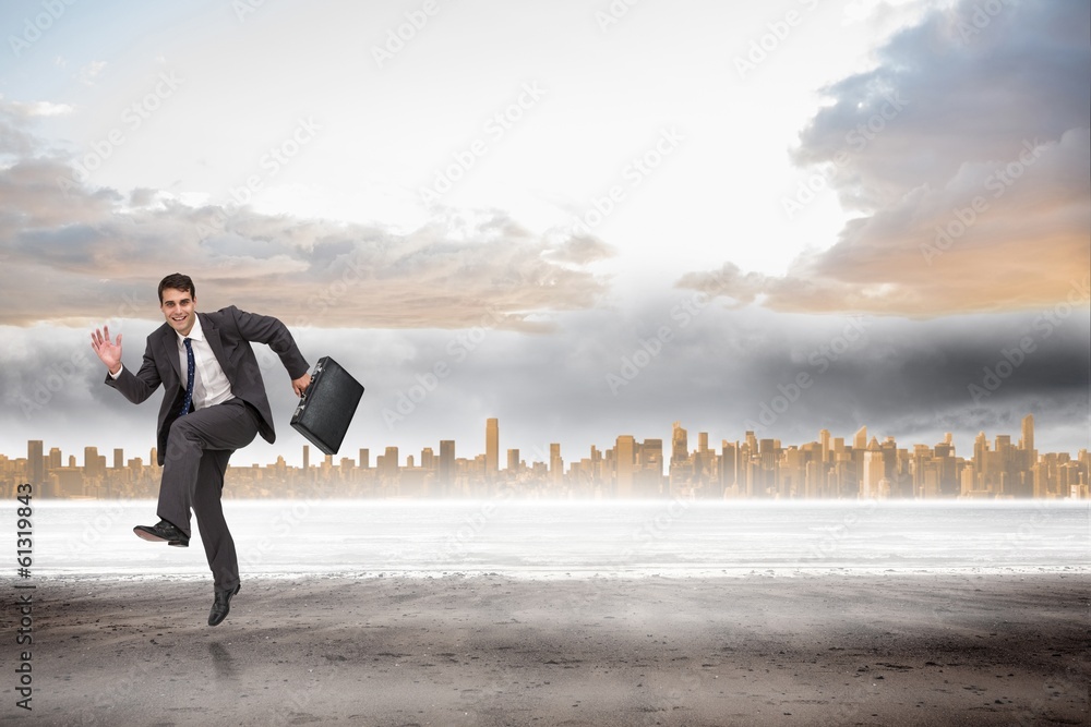 Composite image of happy businessman in a hury Composite image of happy businessman in a hury