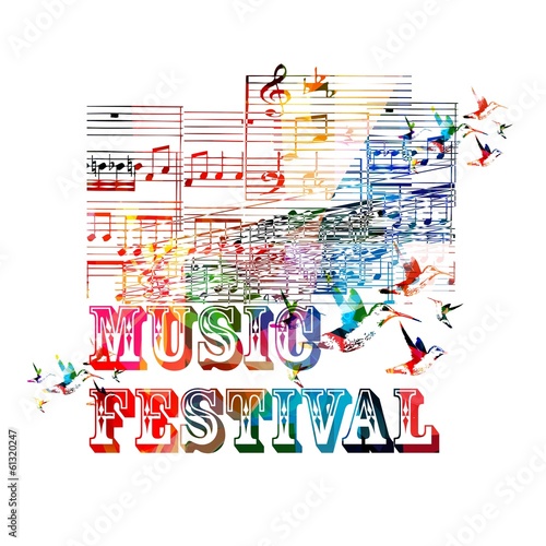 Colorful music background with hummingbirds