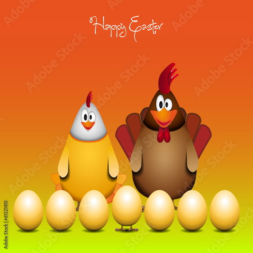 Happy Easter  Funny chicken family  vector card illustration