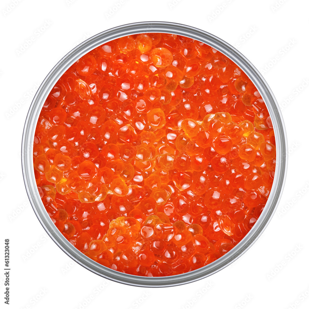 Red caviar in can on a white background Red caviar in can on a white background