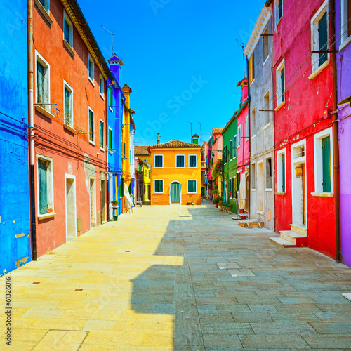 Venice landmark, Burano island street, colorful houses, Italy