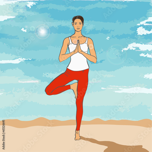 Girl in yoga's asana on the beach (Tree Pose (Vrikshasana))