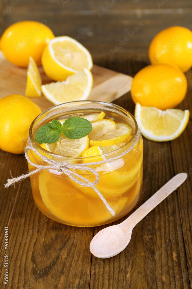 Tasty lemon jam on table close-up Tasty lemon jam on table close-up