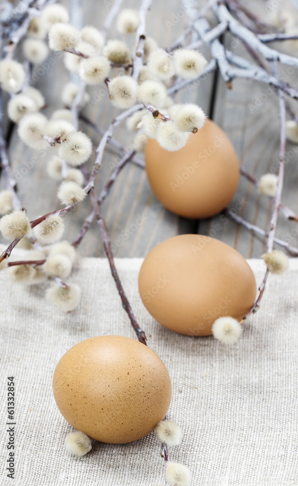 Easter eggs and catkins on rustic wooden table