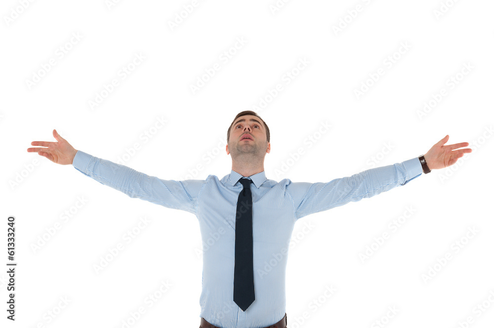 Business man with raised hands in air on white background Business man with raised hands in air on white background