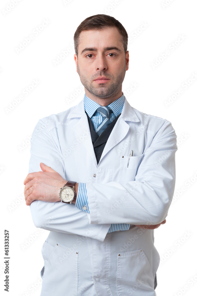 Doctor male with crossed arms and watch on hand isolated on whit Doctor male with crossed arms and watch on hand isolated on whit