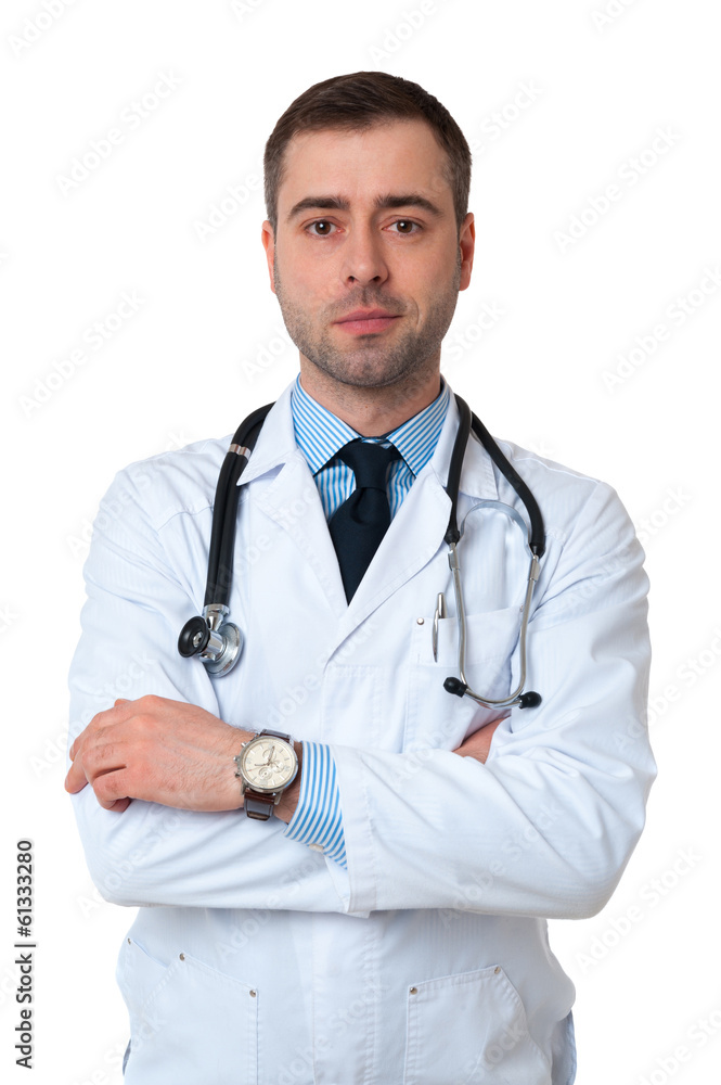 Doctor with stethoscope around his neck looking at camera on whi Doctor with stethoscope around his neck looking at camera on whi