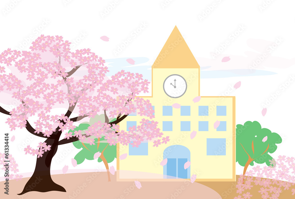 Fototapeta premium 桜の木と学校の校舎の春のイラスト