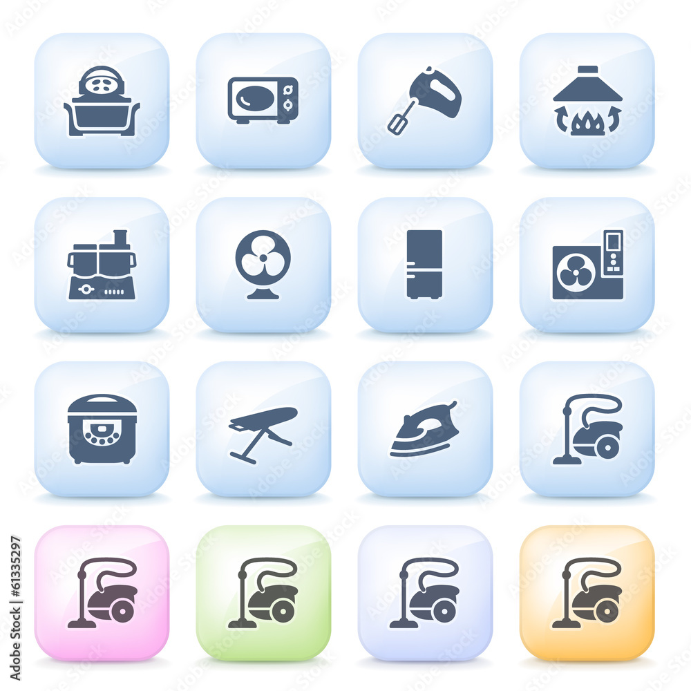 Kitchen appliances icons on color buttons. Kitchen appliances icons on color buttons.