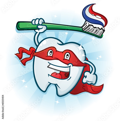 Dental Tooth Super Hero Mascot Cartoon Character with Toothbrush