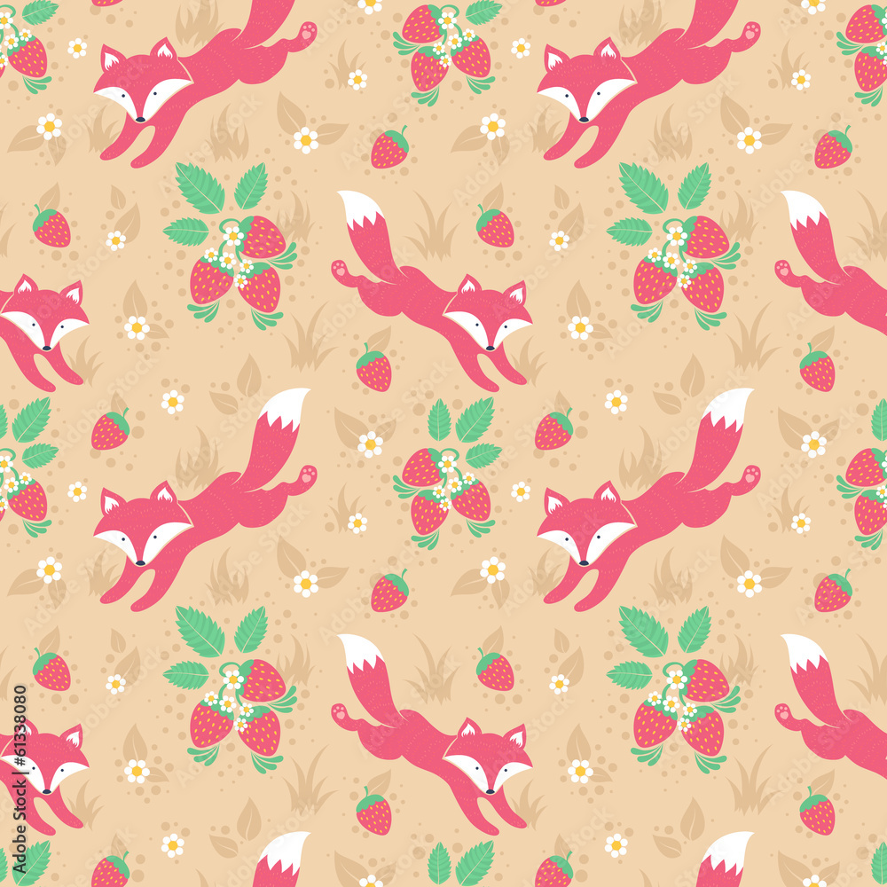 Cute foxes and strawberries folk seamless pattern
