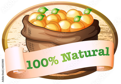 A hundred percent natural label with a sack of oranges