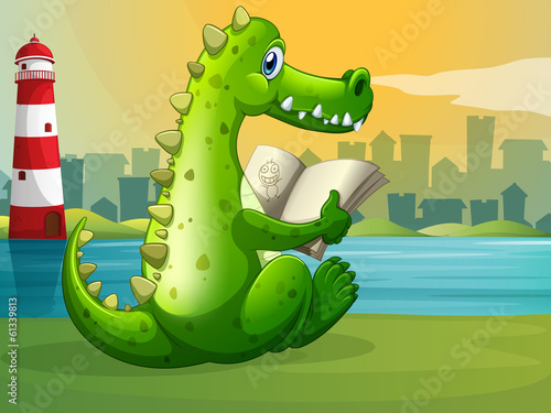 A crocodile reading across the lighthouse