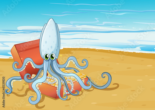 Obraz na plátně A beach with an octopus inside the treasure box