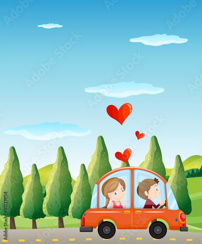 A couple riding on a car