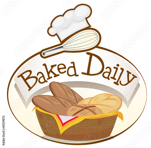 A baked daily label with a basket of breads