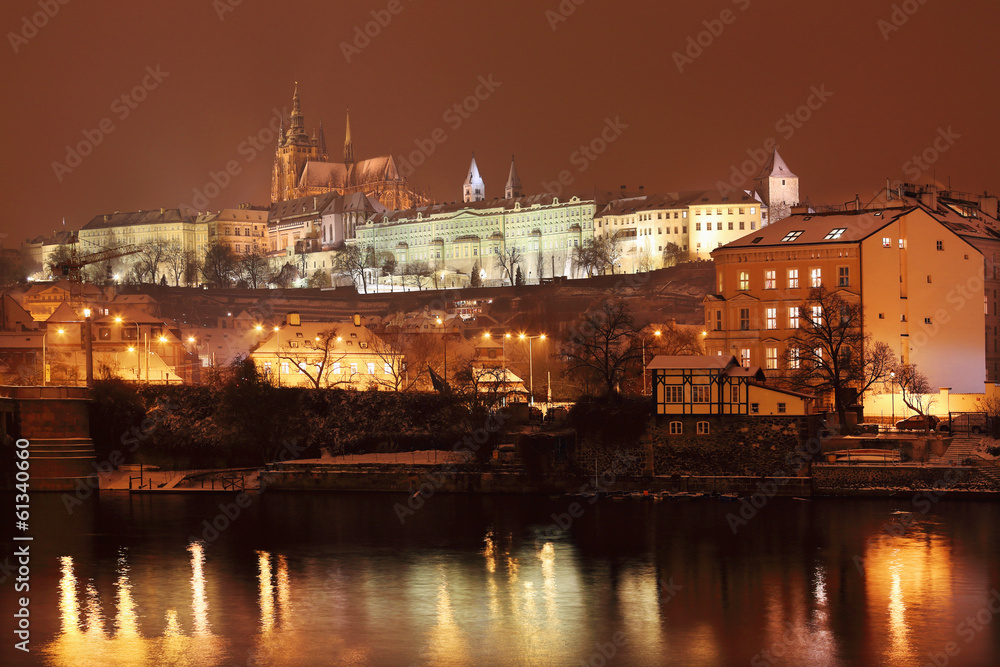 Night romantic snowy Prague gothic Castle, Czech republic