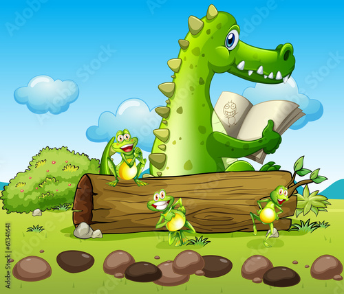 A crocodile and the three playful frogs