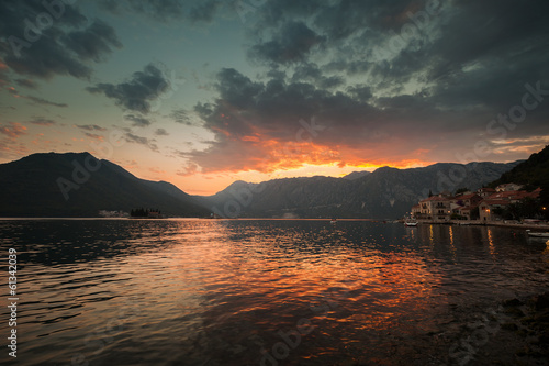 Colorful sunset on Adriatic Sea  Bay of Kotor  Montenegro