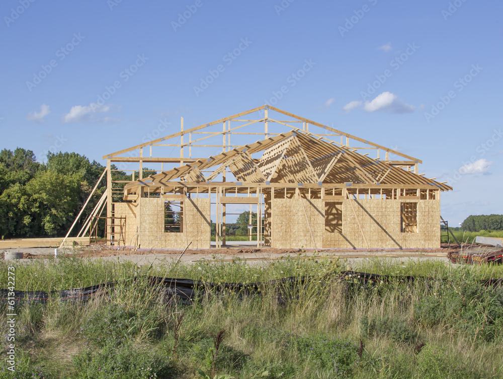 A building framed during construction A building framed during construction