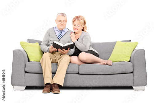 Mature couple sitting on sofa and reading a book