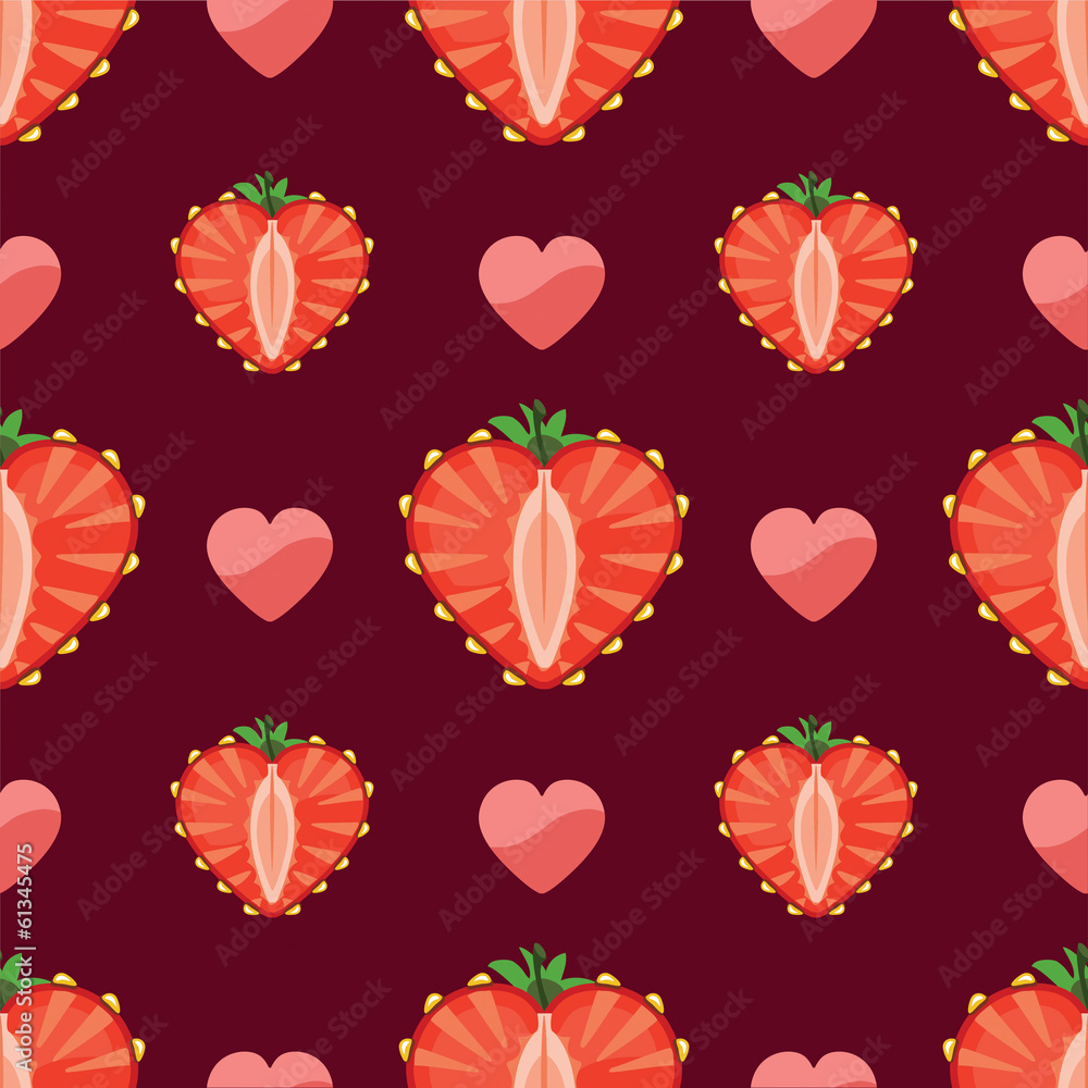 Fototapeta premium Heart of strawberry and hearts in seamless pattern