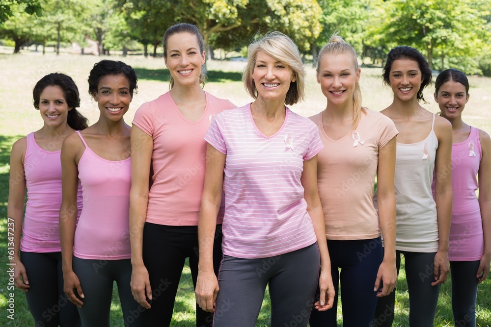 Volunteers supporting breast cancer awareness in park Volunteers supporting breast cancer awareness in park