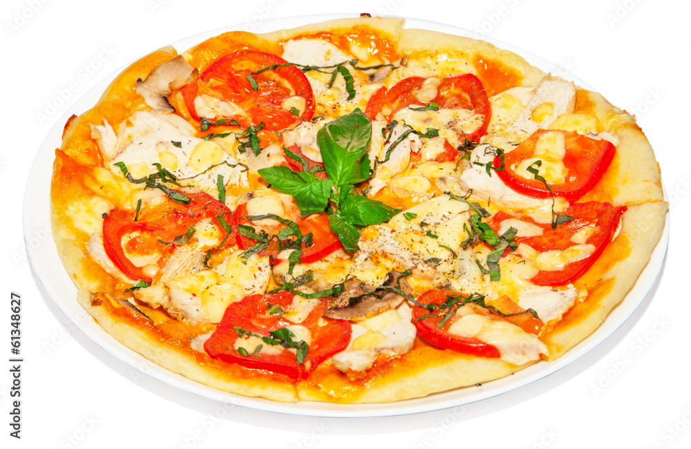 Pizza with chicken, mushroom, cheese and tomato, fast food on Pizza with chicken, mushroom, cheese and tomato, fast food on