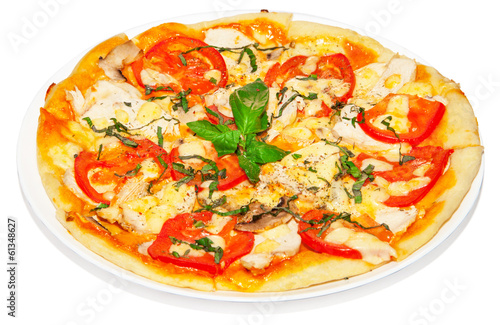 Pizza with chicken, mushroom, cheese and tomato, fast food on