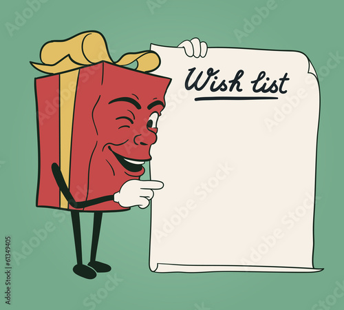 Xmas character of gift holding paper scroll with text wish list