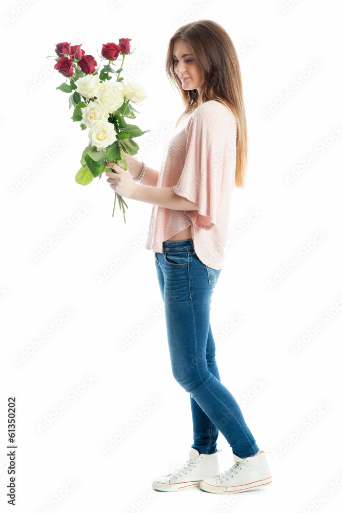 Mädchen mit weissen und roten Rosen Mädchen mit weissen und roten Rosen