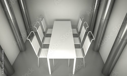 Clean diner room, chairs and white table  over clean space. silv photo