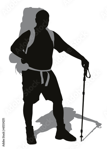 Man with backpack posing. Vector silhouette
