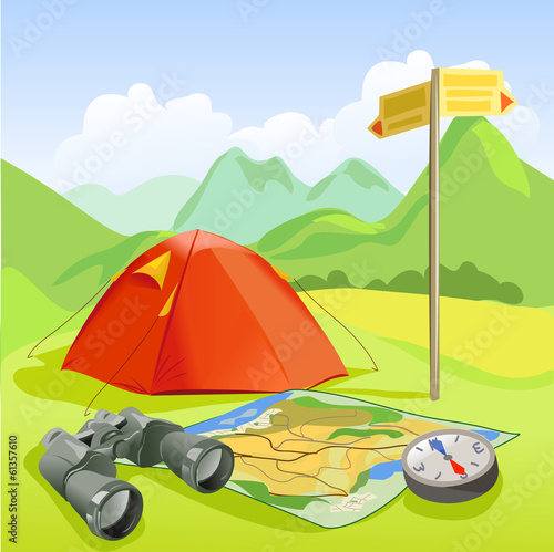 travel set, tent, mountain landscape