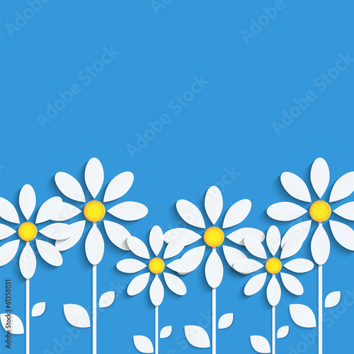 floral background.white camomiles on blue background.paper flo