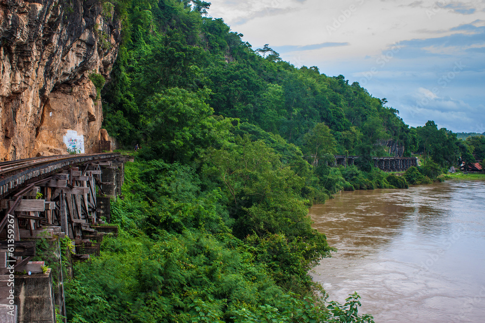 View of Burma railway and river Khwae (Kwai), Thailand