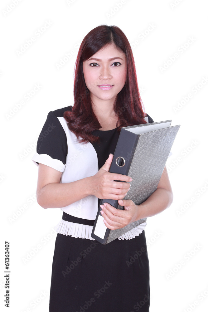 Naklejka premium business woman confident smile holding folder documents